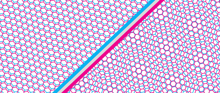 Schematic of a 2D material lattice (left) and a moiré superlattice (right) made by sandwiching two lattices, red and blue, with slightly different lattice spacings.