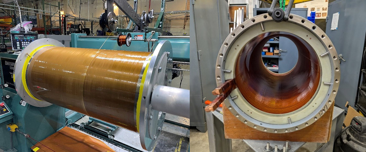 Left: Winding Zylon fiber with epoxy over the external shell. Right: View down the bore of coil 7.