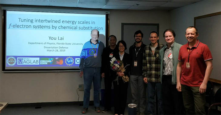 From left to right: Pedro Schlottmann, Peng Xiong, You Lai, Ryan Baumbach, David Graf, Mark Riley, and Mykhailo Shatruk.